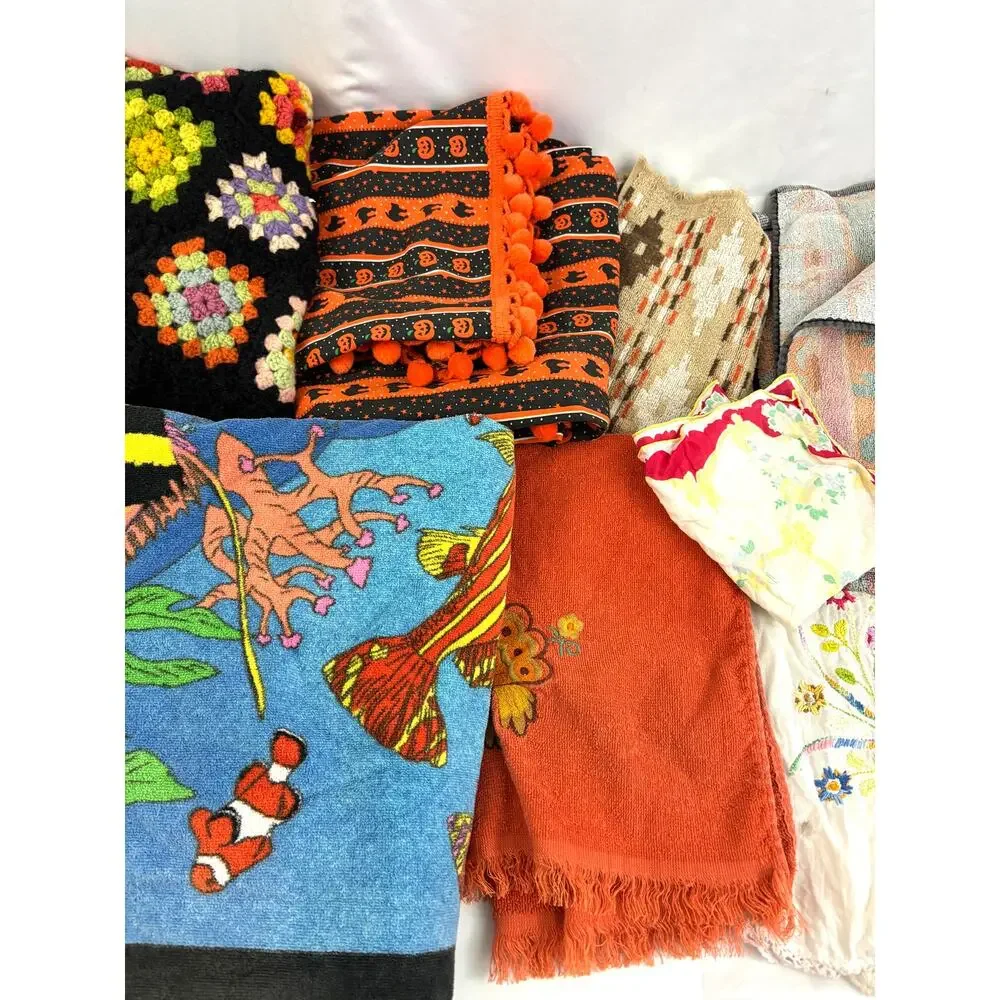 Vtg Textiles LOT 10 pc‎ Blankets Towels Afghans Linens Rainbow Crochet Napkins